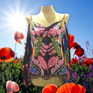 Ecru Blouse Colorful Cold Shoulder Flowy Tropical Boho Summer‎ Luxury Size Med